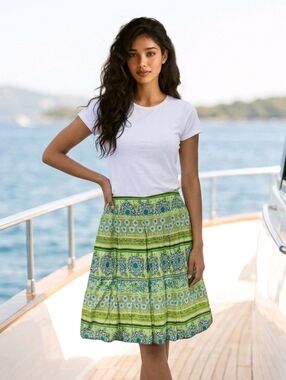 AGB Green Floral Stripe Pleated A-Line Work Skirt Women's Size 6 Cotton Lined